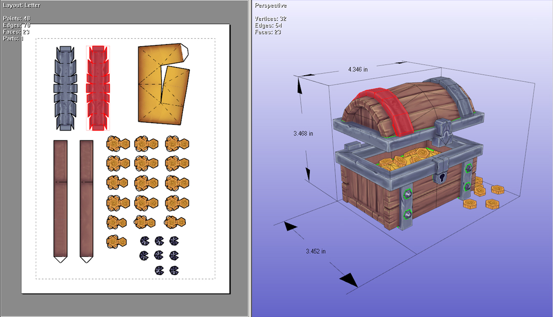 Treasure chest papercraft parts arranged on a print layout alongside the 3D model preview in Ultimate Papercraft 3D